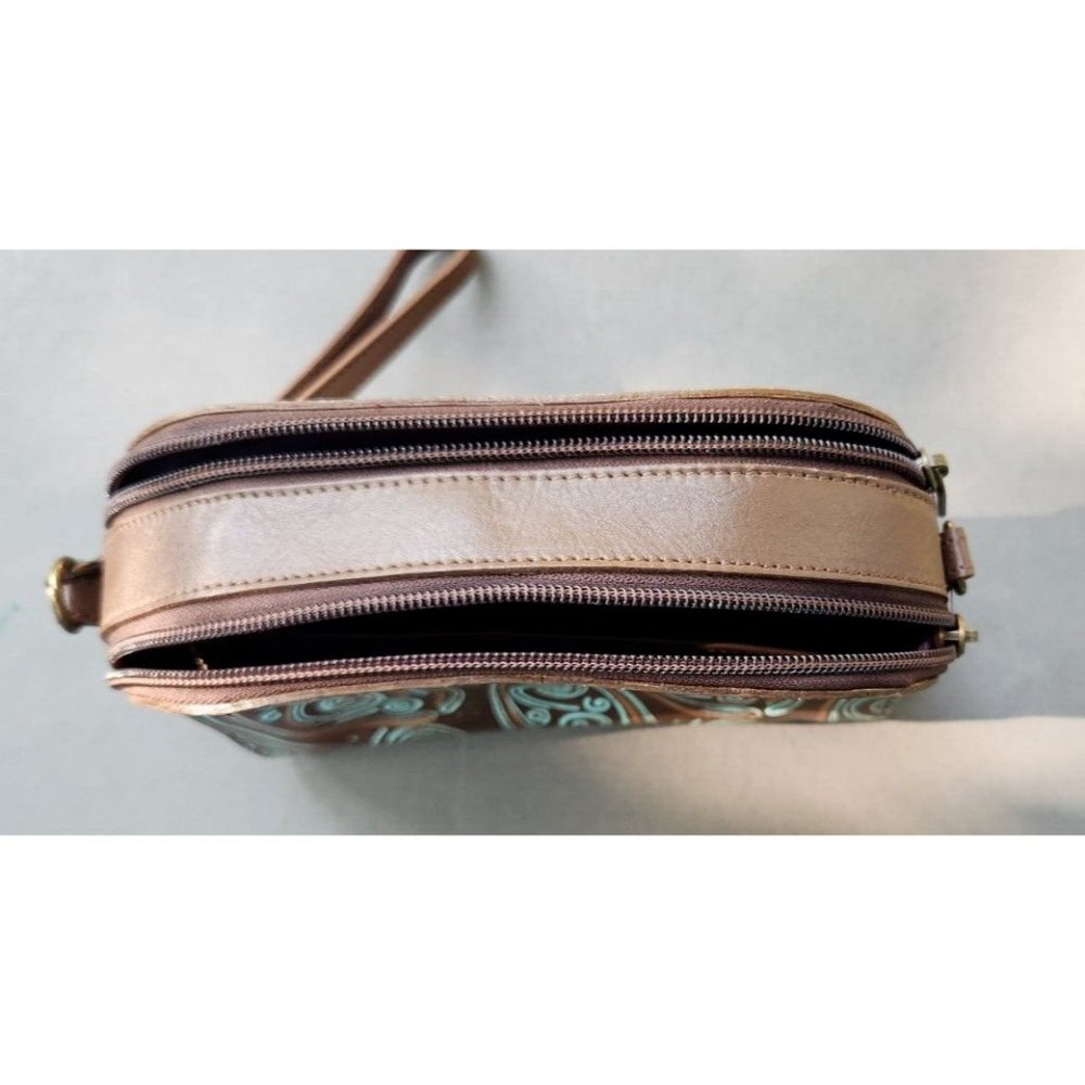 Anuschka Twin Top Wallet Wrislet Organizer Makeup Bag Tooled Waves Small Purse - Picture 6 of 16